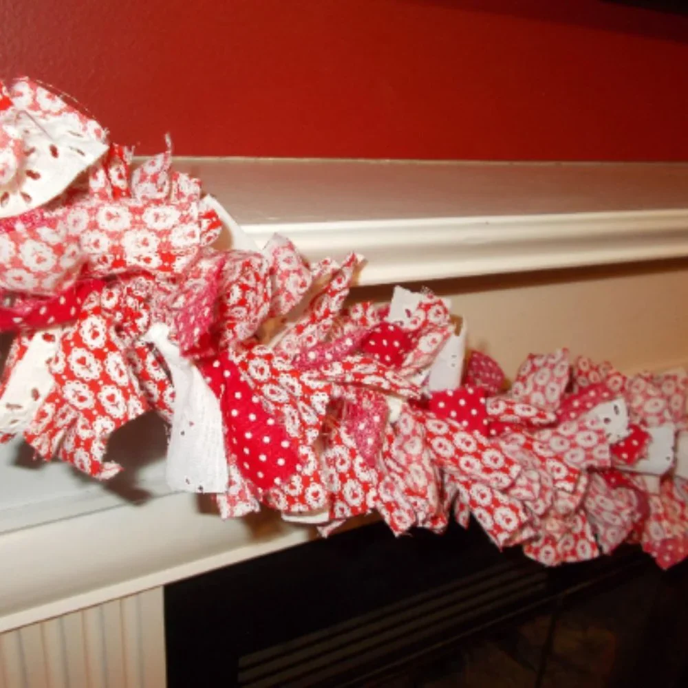 Valentine's Day Garland Rag Cloth Red and White Hearts and Lace Country Decor 5'